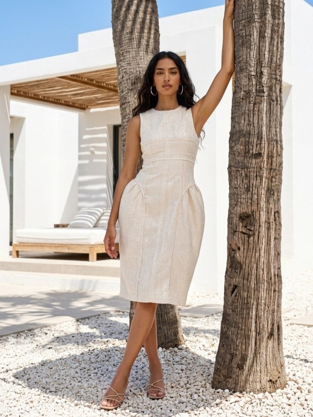 Chic Sleeveless White Midi Dress Size M